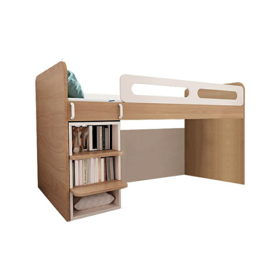 Rustic Mango Solid Wooden Loft Bed With Attached Mini Wardrobe In Cream White with Honey Finish
