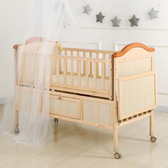 Rustic Mango Solid Wooden Cradles With Safety Doors or Wheels In Natural Finish