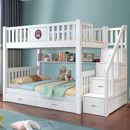 Rustic Mango Modern Style Children's Upper and Lower Bunks Solid Wood in White - Bunk Bed & Bookshelf & Drawer & Ladder Cabinet