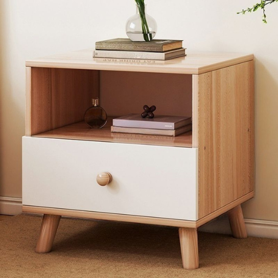 Rustic Mango Simple Unfinished Color Wood Open Storage Kids Nightstand with 1 Shelf,1 Drawer