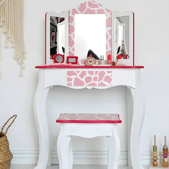 Rustic Mango Wooden Vanity for Kids Home Bedroom Makeup Vanity for Kids with Drawers and Mirrors