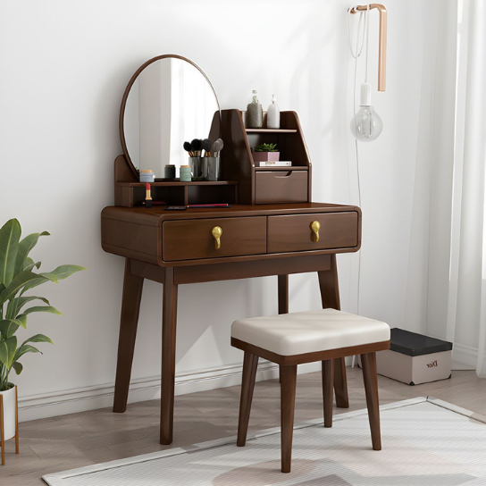 Rustic Mango Dressing Table Solid Wood Vanity Makeup Table Set with 3 Drawers