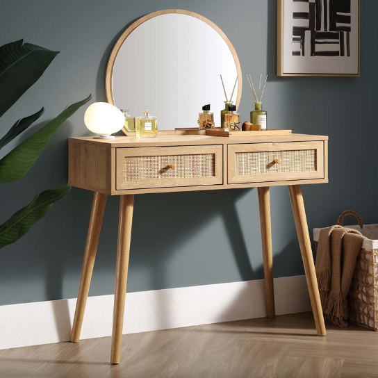 Rustic Mango Woven Rattan Vanity Table with Mirror, Natural