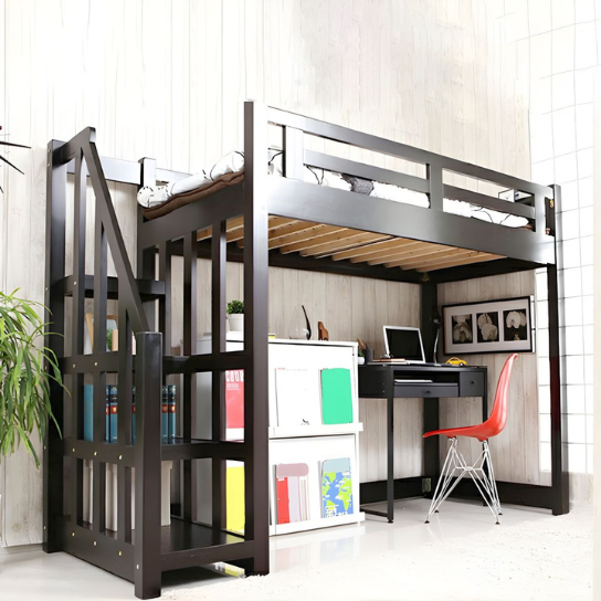 Rustic Mango Solid Wooden Vintage Style Loft beds With Heavy Ladder In Black Finish