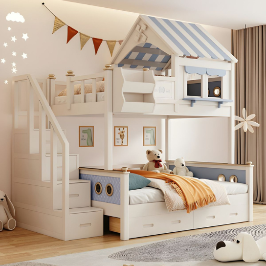Rustic Mango Modern House Shape Children's Upper and Lower Bunks Wooden in White