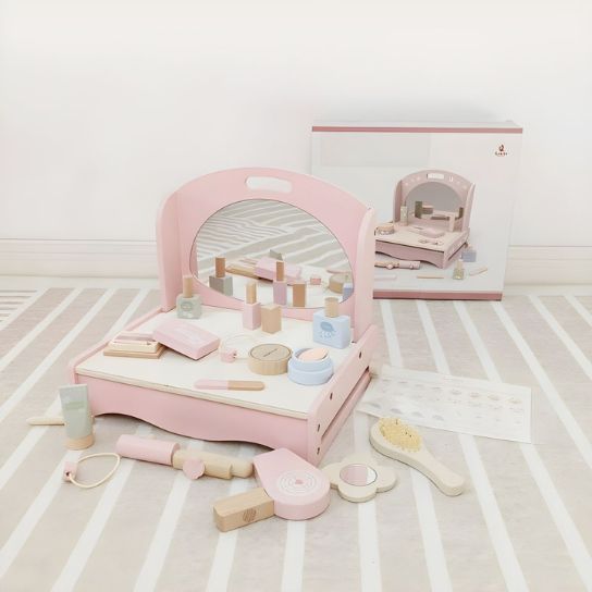 Rustic Mango Pink Wood Makeup Vanity & Toy with Mirror, Storage, and No-Drawers Design