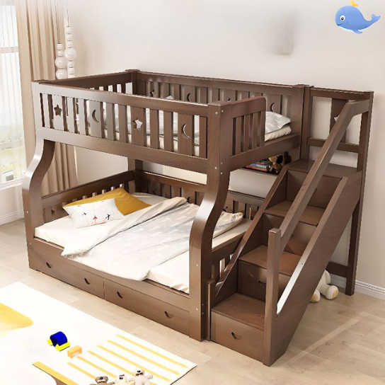 Rustic Mango Gender Neutral Old School Brown Natural Wood Panel Bunk Children's Bed with Underbed Storage, Standard Bunk, Bunk Bed & Bookshelf & Drawer & Ladder