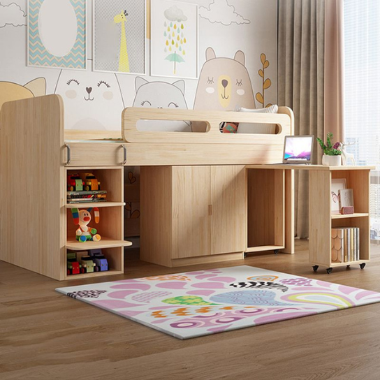Rustic Mango Natural Solid Wood Modern Loft Bed with Storage Shelves, Cabinets & Drawers