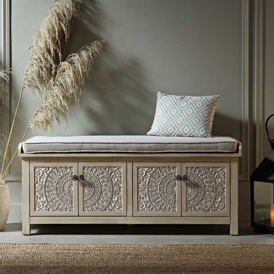 Rustic Mango Indian Style Carving Wooden Bench In Natural White Finish