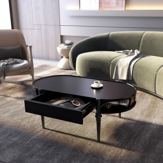 Rustic Mango Oval Shape Black Finish Modern Coffee Table for Living Room