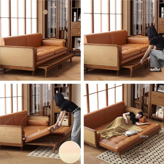 Rustic Mango Solid Wooden Sofa Cum Bed In Honey Finish With Cane