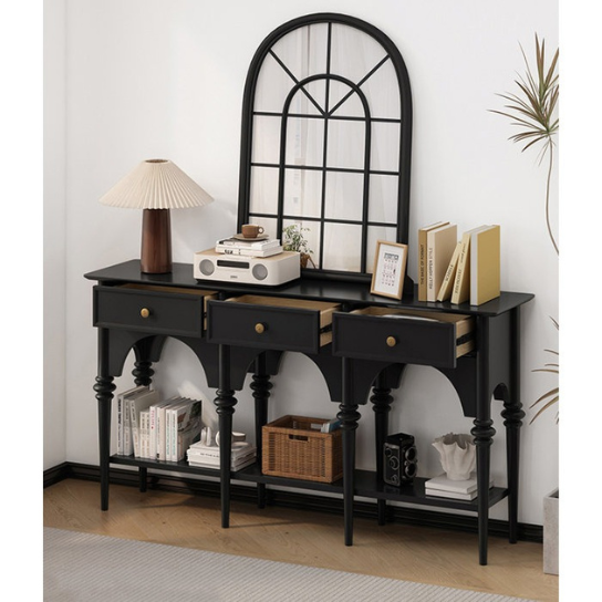 Rustic Mango Solid Wooden Vintage Console Table In Black Finish With 3 Drawers