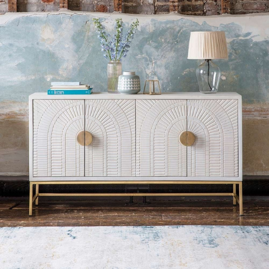 Rustic Mango Solid Wooden Sideboard In White Finish With Golden Wooden Handles