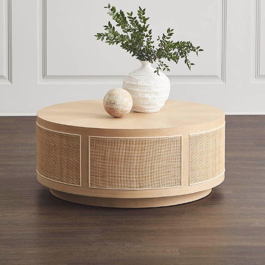 Rustic Mango Round Shape Solid Mango Wood Coffee Table with Cane Natural Finish