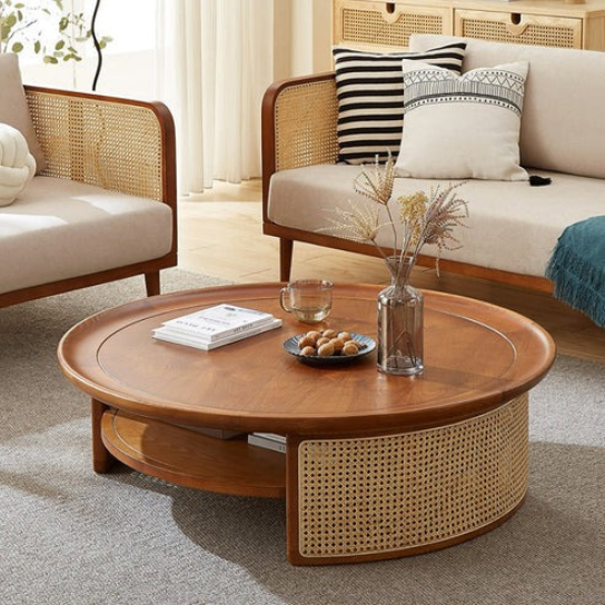 Rustic Mango Modern Round Shape Coffee table with Cane honey Finish