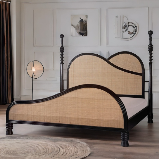 Rustic Mango Solid Wooden Modern Traditional Bed In Black Finish With Cane