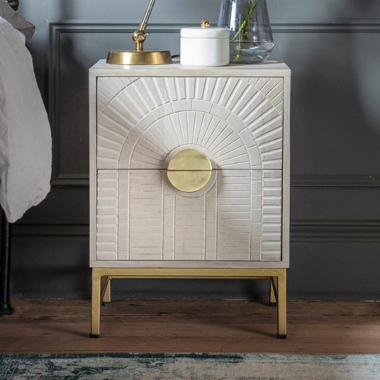 Rustic Mango Solid Wooden Bedside In Distress White Finish With Golden Finish