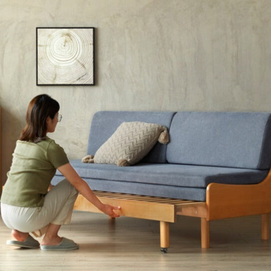 Rustic Mango Solid Wooden Sofa Cum Beds In Honey Finish With blue