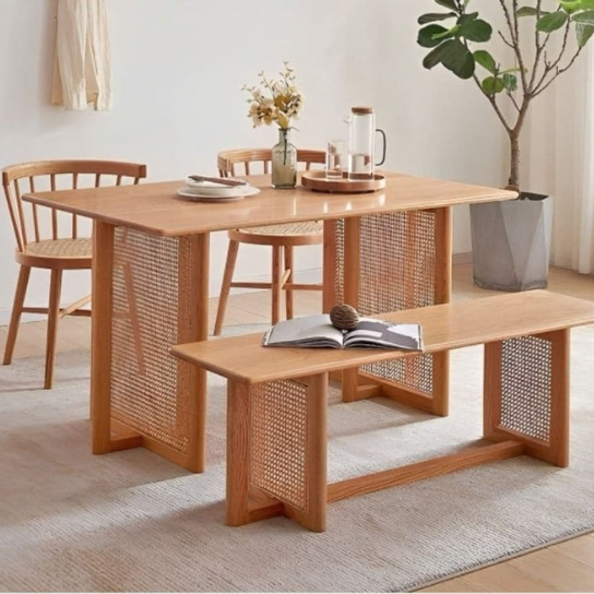 Rustic Mango Solid Wooden Dining Table With Cane in Natural Finish