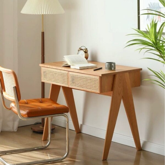 Rustic Mango Solid Wooden Study Table In Cane With Natural Finish