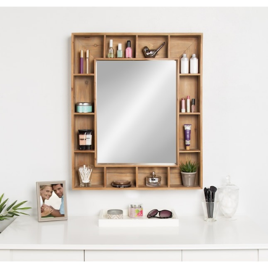 Rustic Mango Solid Wooden Mirron Frame With Shelf to Storage your Skin Care Products ( Light matte Finish  )