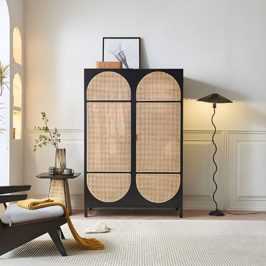 Rustic Mango Wooden Wardrobe In Cane Finish ( Black Finish )