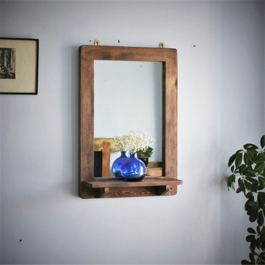 Rustic Mango Solid Wooden Vintage Mirror With Wooden Shelf