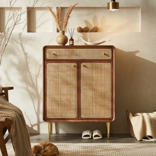 Rustic Mango Solid Wooden Cane Finish Shoe Rack In Honey Finish
