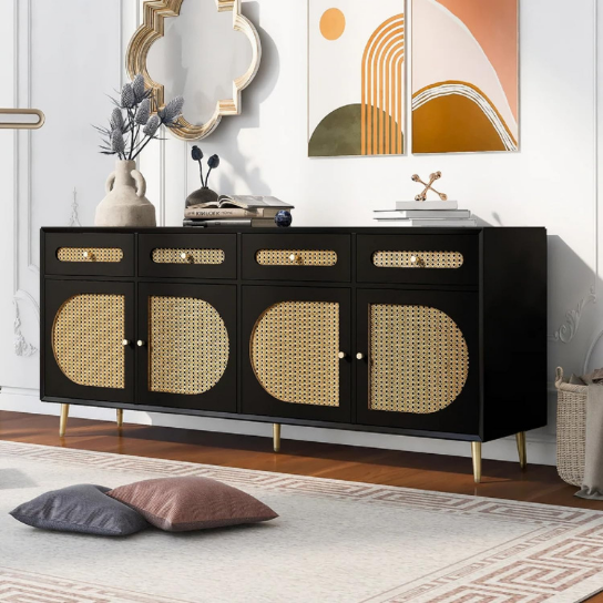 Rustic Mango Solid Wooden TV Cabinet With Cane In Black Finish