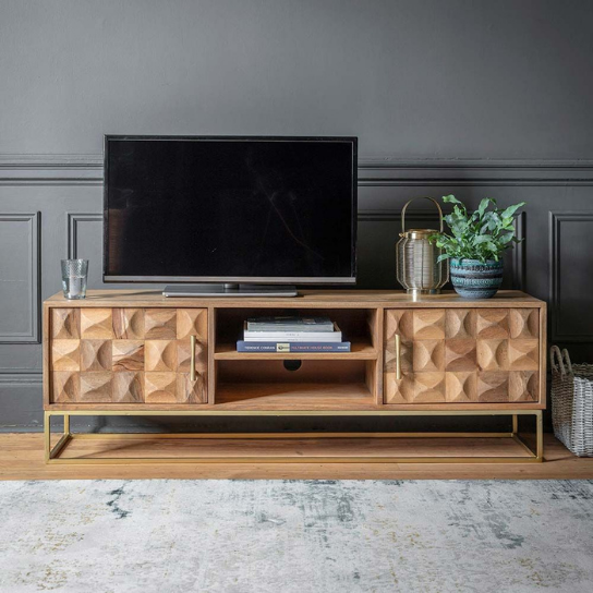 Rustic Mango Modern Design Solid Wooden TV Cabinet With Two Door In Teak Finish