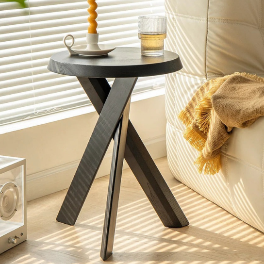 Rustic Mango Solid Wooden Side Table In Cross Legs with Walnut Finish