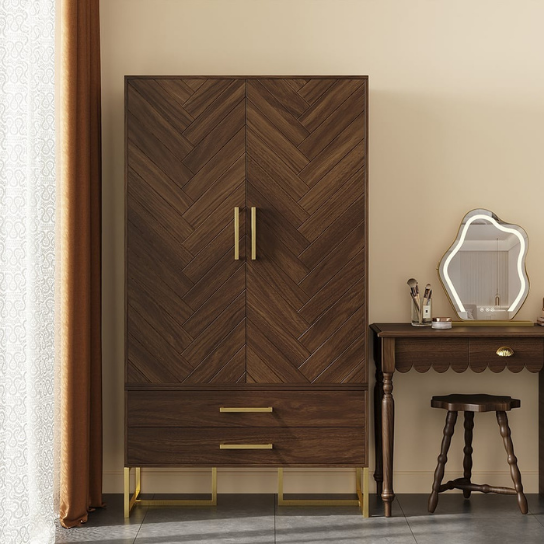 Rustic Mango Modern Exotic Premium Wooden Wardrobe In Honey Finish With Golden Handles