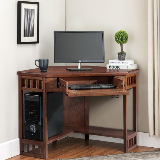 Rustic Mango Solid Wooden Corner Study Table In Honey Finish