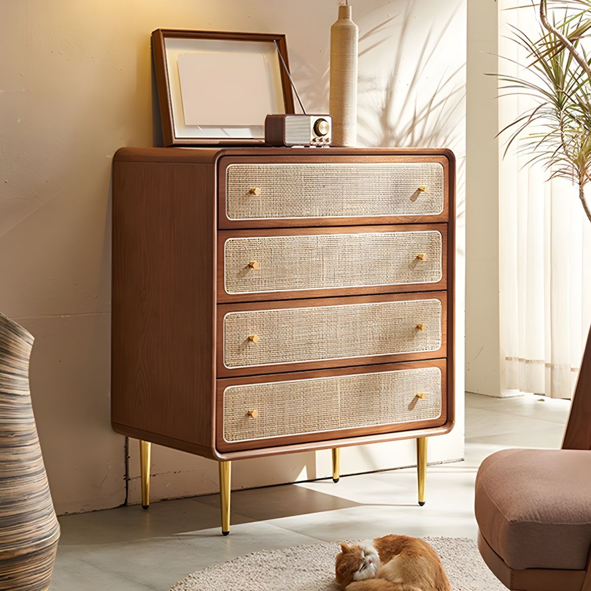 Rustic Mango Solid Wooden Cane Chest of Drawers With Honey Finish