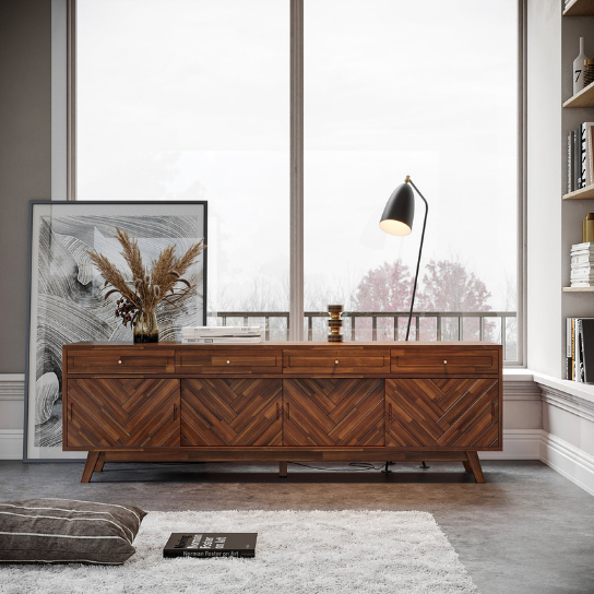 Rustic Mango Solid Wooden TV Cabinet In  Carving Style Modern TV Cabinet for Living Room