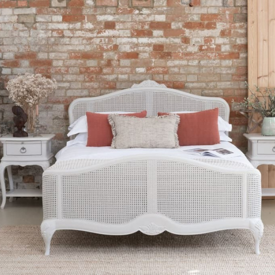 Rustic Mango Solid Wooden Bed With Cane In White Finish