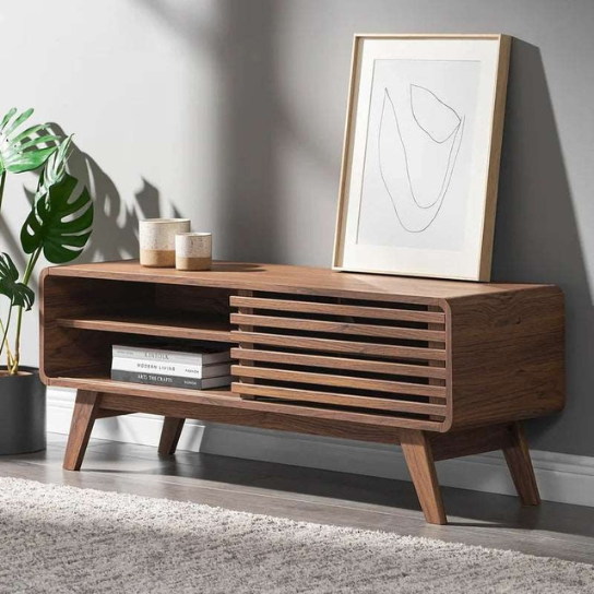 Rustic Mango Solid Wooden TV Cabinet With Open Shelf In Honey Finish