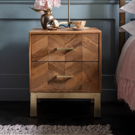 Rustic Mango Solid Wooden Carving Modern Bedside In Honey With Golden Finish